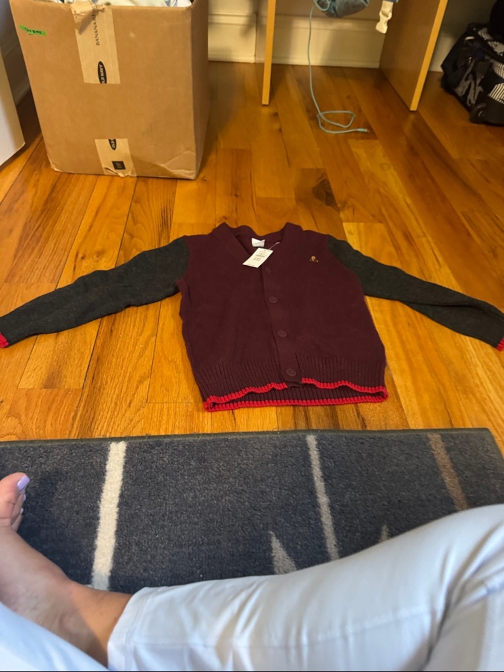 GAP Burgundy and Charcoal Button Cardigan with Red Trim